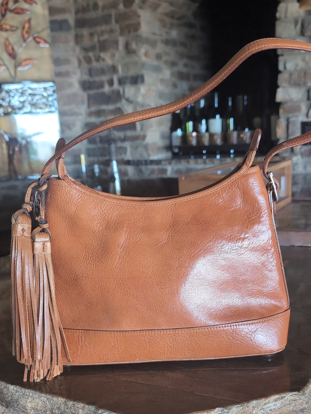 El Portal Luxury Caramel Colored Leather Shoulder Bag With Leather Tassels